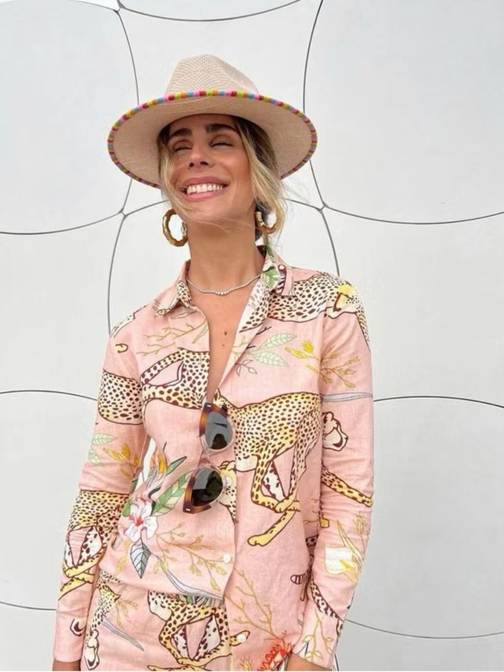 Las Sureñas Pink Printed Button-Down Shirt with Leopard Motif